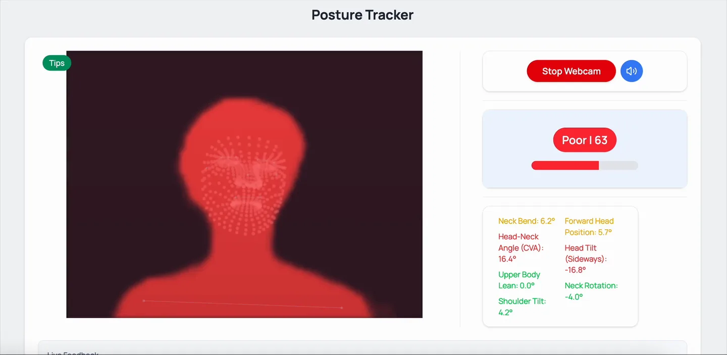 The old SitSense posture tracker interface showing a red Poor 63 score badge, a red webcam silhouette, and a list of posture angles in degrees