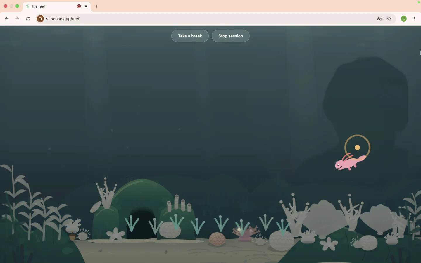 The SitSense reef with the light dimmed: the water is grey, the silhouette has gone cool and dark, and the axolotl has swum up beside the head to say "Chin's dipped. level your gaze and the sky clears."